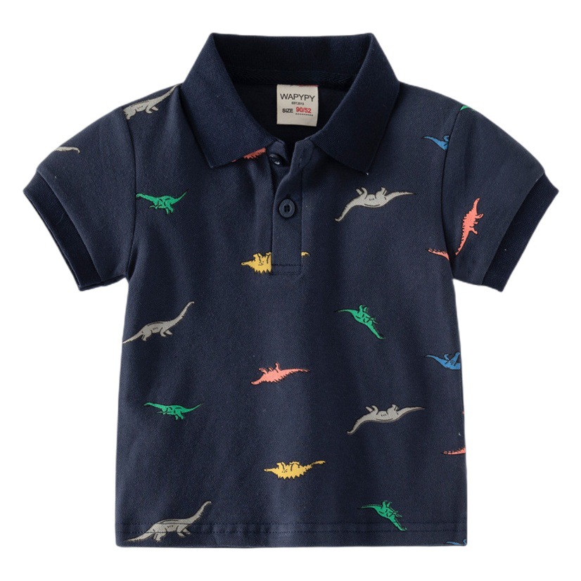 Children's Short-Sleeved T-Shirt 2026 Summer Style Boys' Polo Shirt Short-Sleeved Top Korean Style Dinosaur Full-Print Baby Lapel Shirt