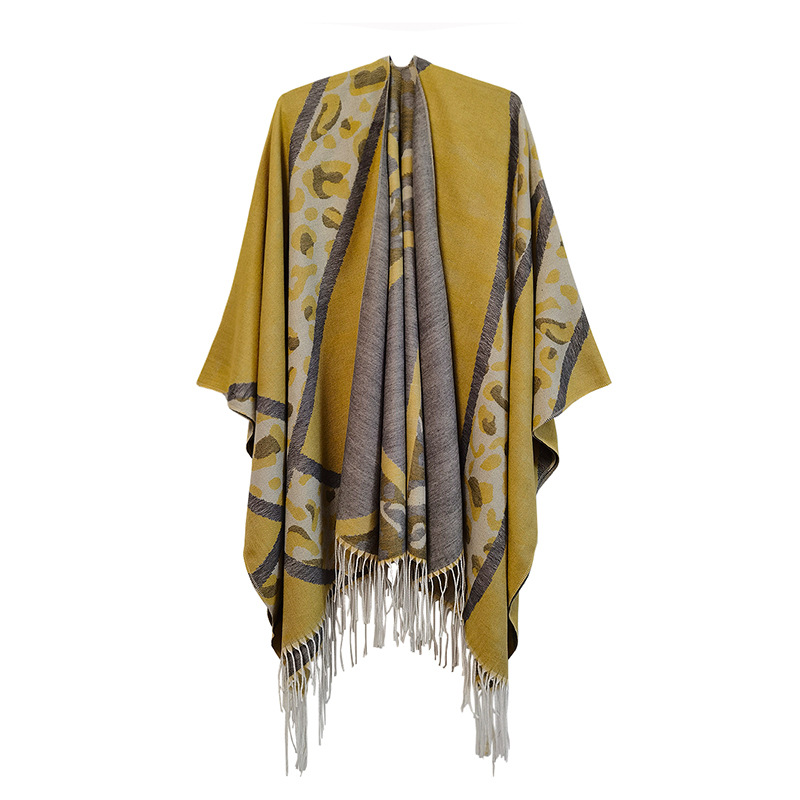 Unisex Women's fashion leopard cape large jacquard travel tassel split cape_viptrois.com