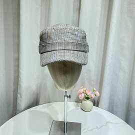 日系复古格纹亚麻平顶马术帽子女春秋显脸小文艺报童帽遮阳鸭舌帽