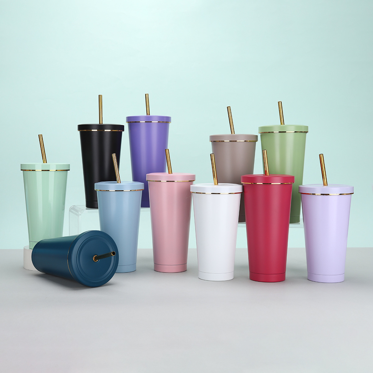 Cross-Border 304 Stainless Steel Gold-Rimmed Straw Car Cup Simple Double-Layer Vacuum Insulated Cup Outdoor Portable Coffee Cup