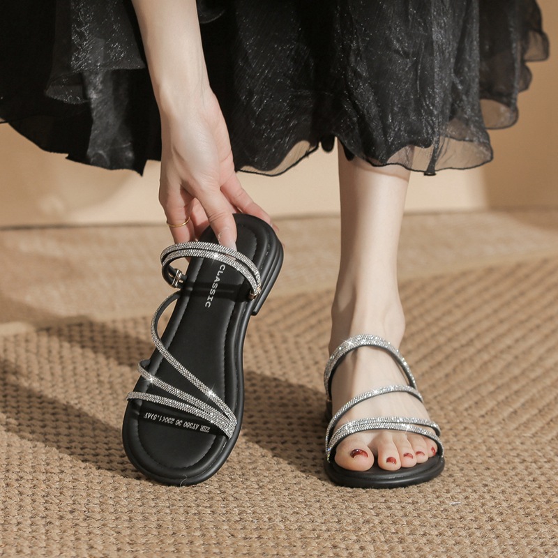 Sandal nữ đế bệt quai mảnh đính đá phong cách Pháp, dáng xăng đan hai kiểu — AY380 Đen