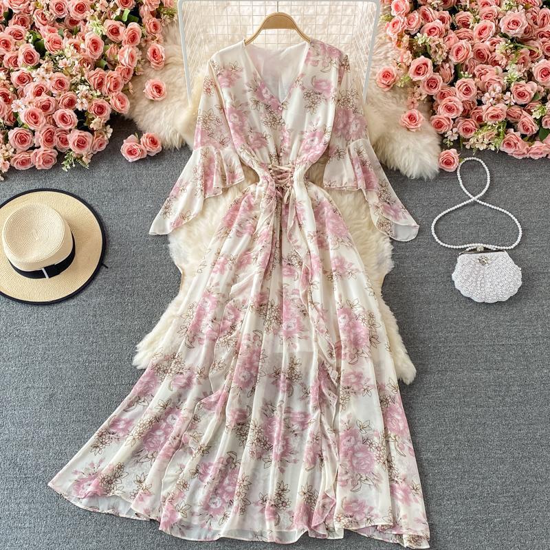 Floral Chiffon Dress with Flared Sleeves, New Summer Style, Beach Vacation Dress, Waist-Cinching, Long Skirt Style
