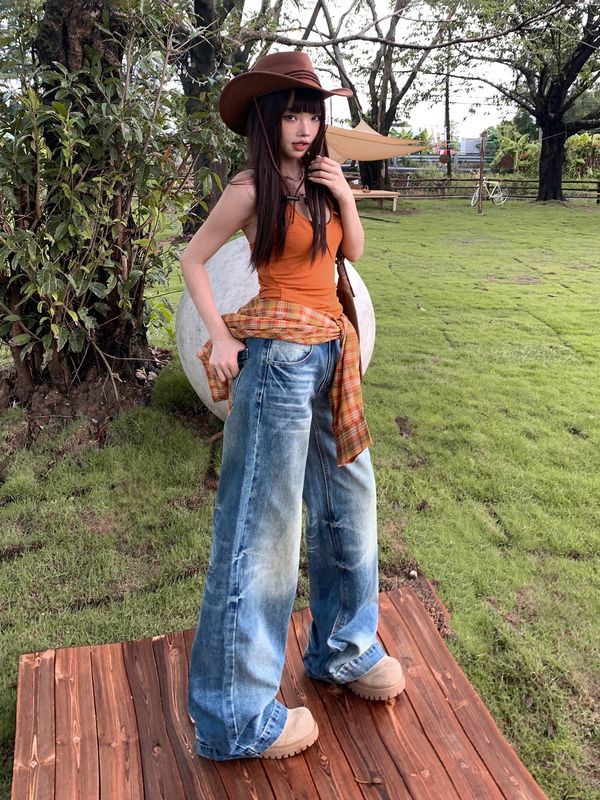 美式重工水洗牛仔裤女2025年秋季新款高腰宽松显瘦直筒阔腿拖地裤|undefined