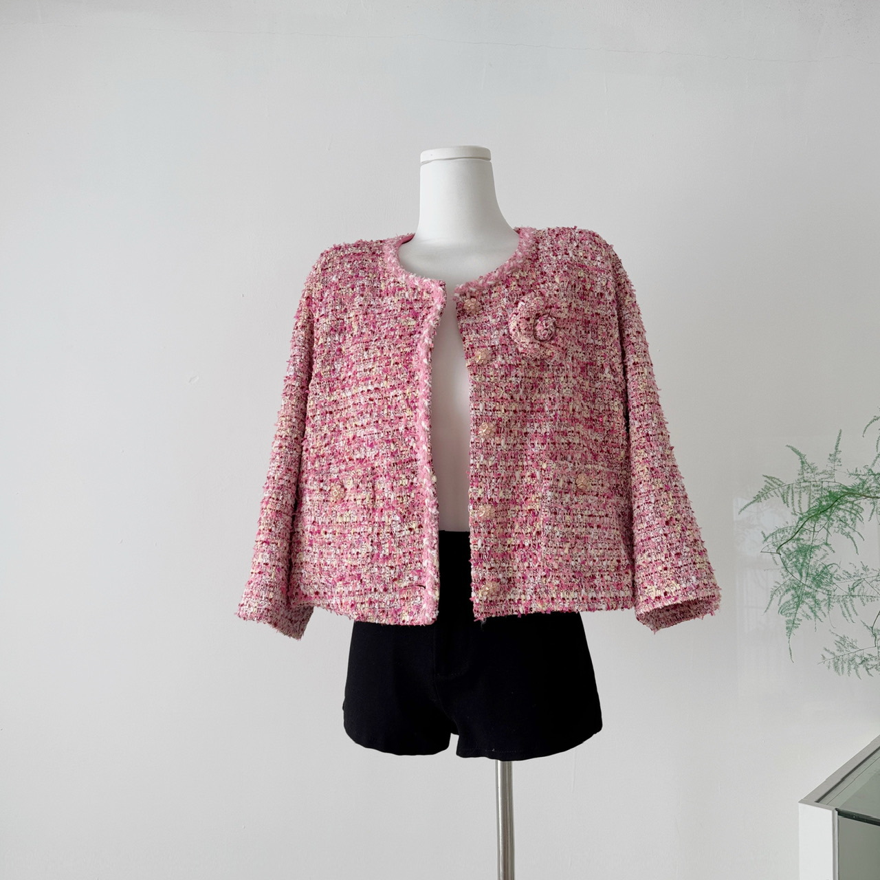 Cross-Border Rich Daughter and Socialite Xiaoxiangfeng Three-Dimensional Flower Round Neck Long-Sleeved Tweed Jacket for Women with High-End Temperament