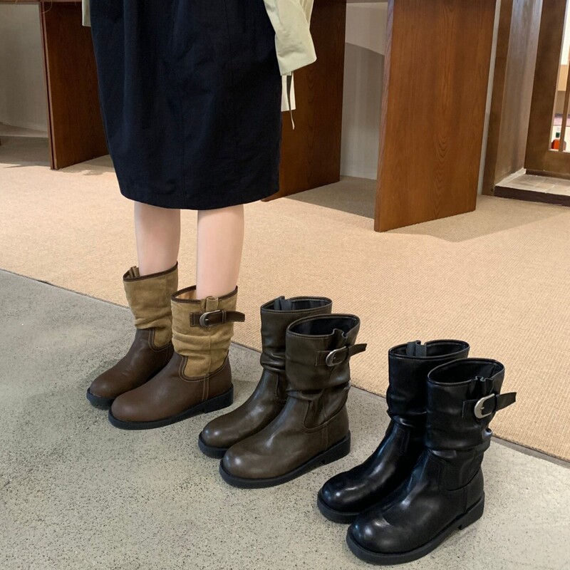 DAPAI SHOW Korean-style belt buckle chunky heel slim boots for women, 2026 autumn new elegant round-toe fashion short boots DAPAI SHOW Korean-style belt buckle chunky heel slim boots for women, 2026 autumn new elegant round-toe fashion short boots
