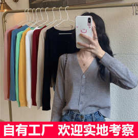 韩版宽松秋季短款高腰长袖外搭上衣毛女外套v领针织衫开衫批发