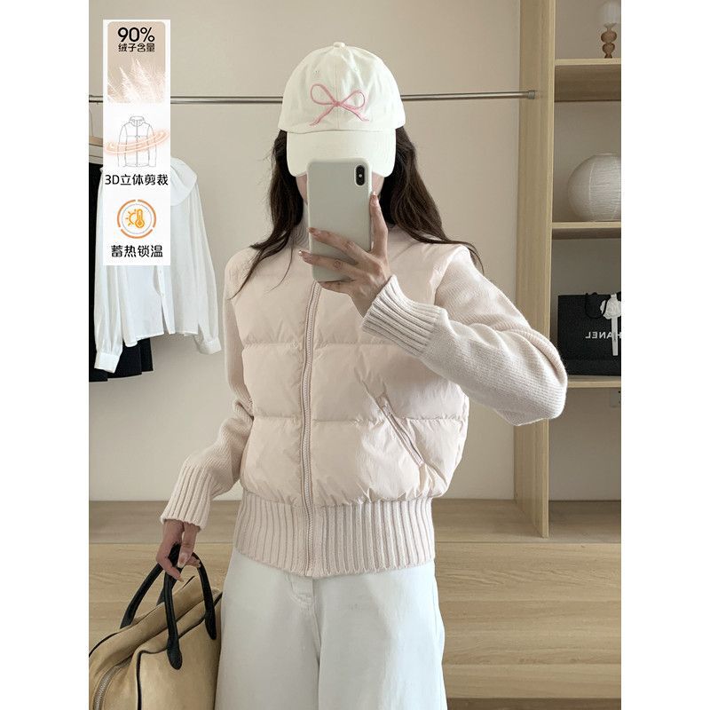 Korean-Style Knitted Patchwork down Jacket for Women, 2026 Spring-Winter New Short Model for Petite Figures, 90% White Duck down Vest Thin Coat