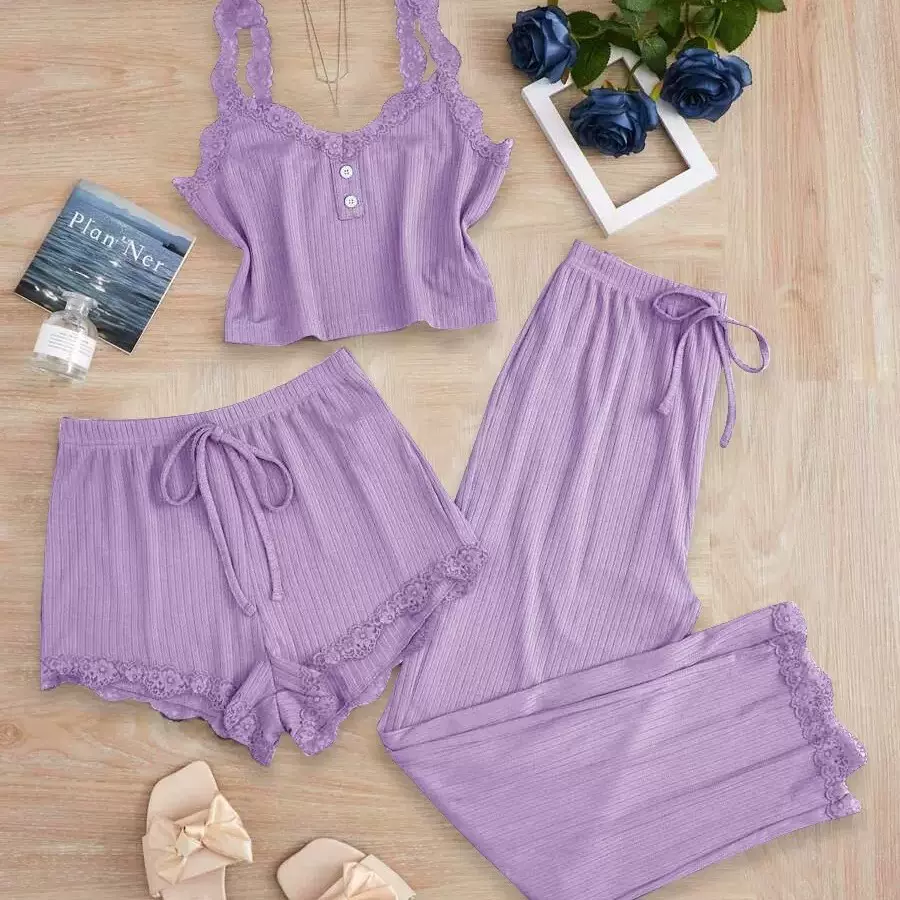 跨境欧美外贸新款蕾丝花边坑条背心长裤睡衣家居服外穿修身套装女