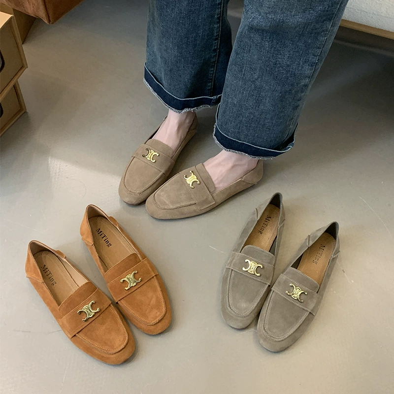 Mi Ting круглые туфли с глубоким ртом, туфли с новым темпераментом, туфли на плоской подошве, матовые кожаные туфли с металлическими пряжками, туфли