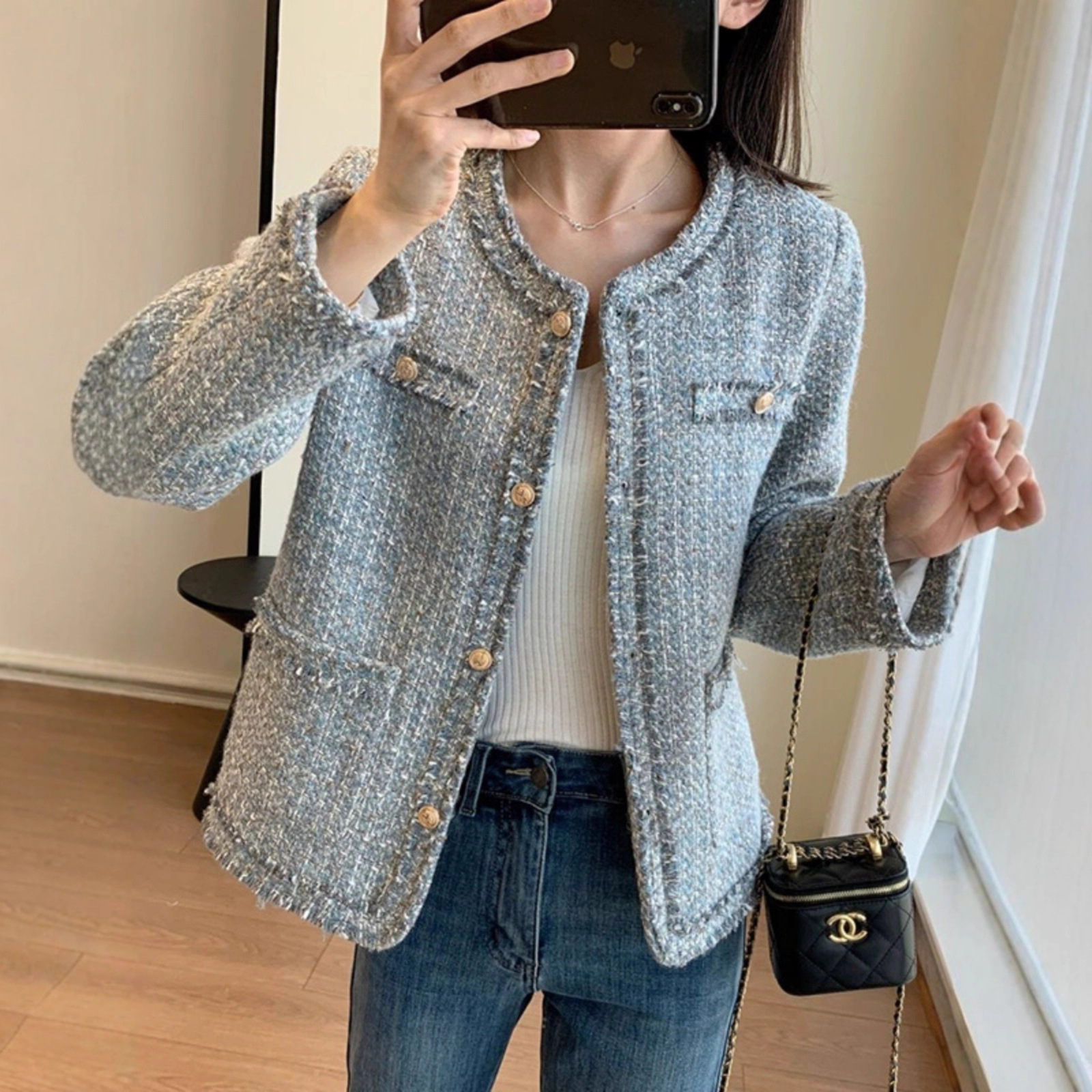 Icelandic Gray Blue! Handmade Workshop Tweed Woven Loose Chanel-Style Jacket for Women, New Spring Temperament Top in Purple