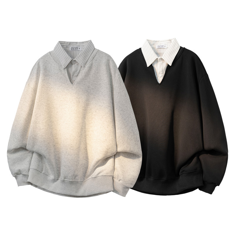 Sweat-shirt à col en v rayé pour homme haut manches longues_voghion.com