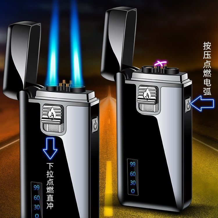 Creative double fire straight blue flame metal lighter usb electronic pulse double arc cigarette lighter charging lighter