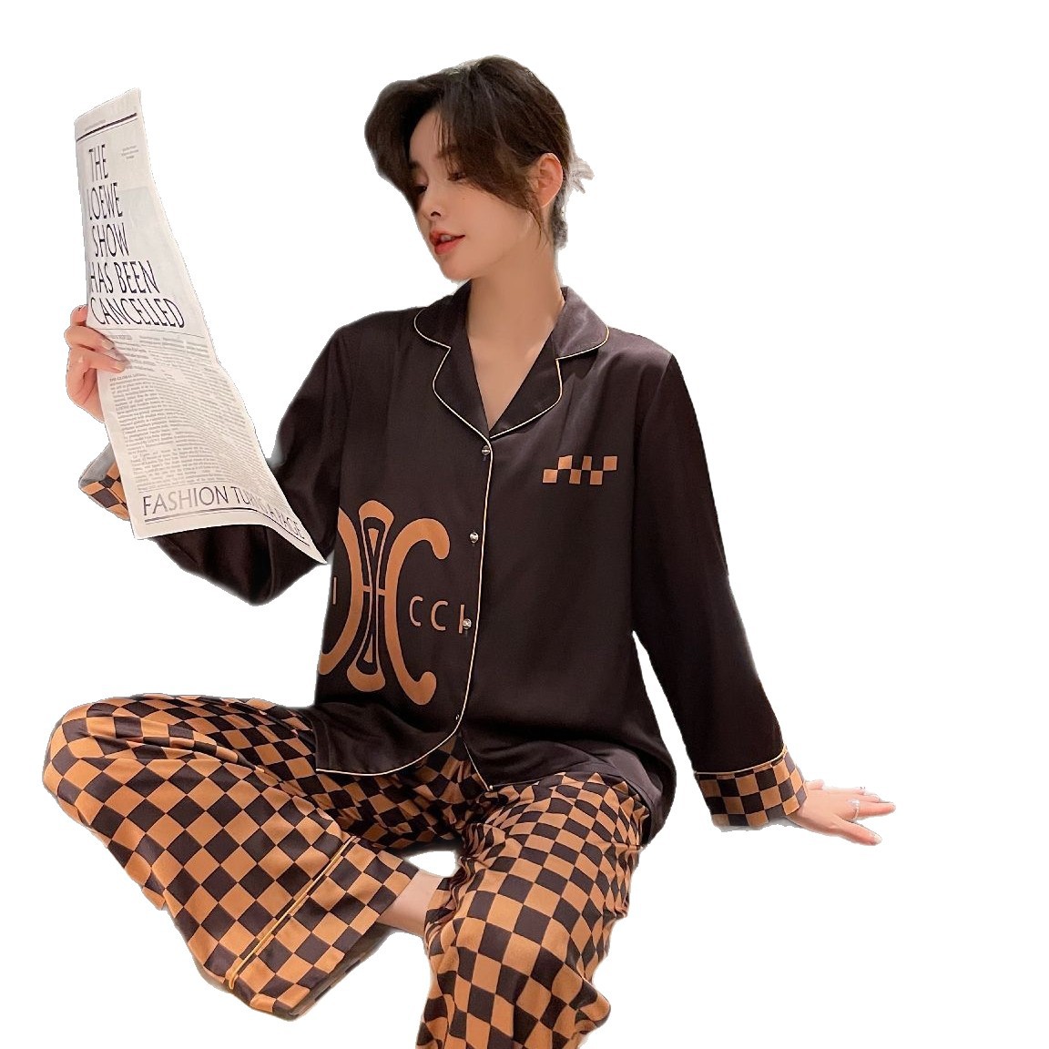 时尚咖啡格子女士家居服冰丝双长睡衣可外穿小众