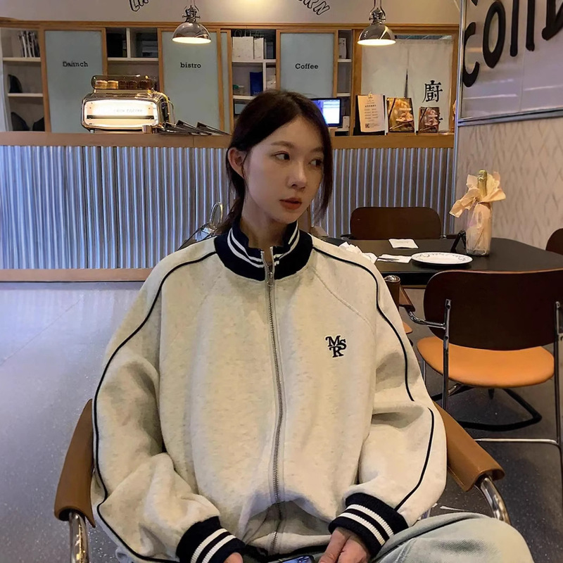 American Style Retro Baseball Suit Coat Women's Colored Stripe Collar Loose College Style Casual Sports Sweatshirt Jacket Trendy American Style Retro Baseball Suit Coat Women's Colored Stripe Collar Loose College Style Casual Sports Sweatshirt Jacket Trendy