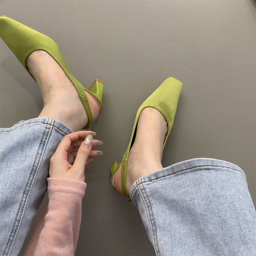 French thick heel black toe sandals fairy shoes 2024 new summer temperament high heels square toe shoes
