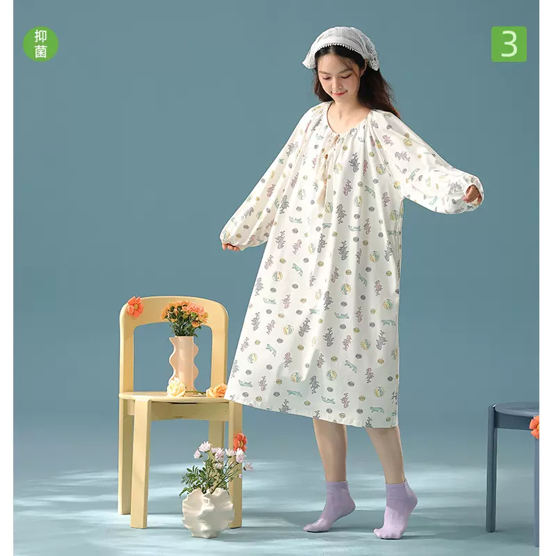 【抗菌新疆棉】秋季新款纯棉A类长袖睡裙女士海底世界宽松家居服