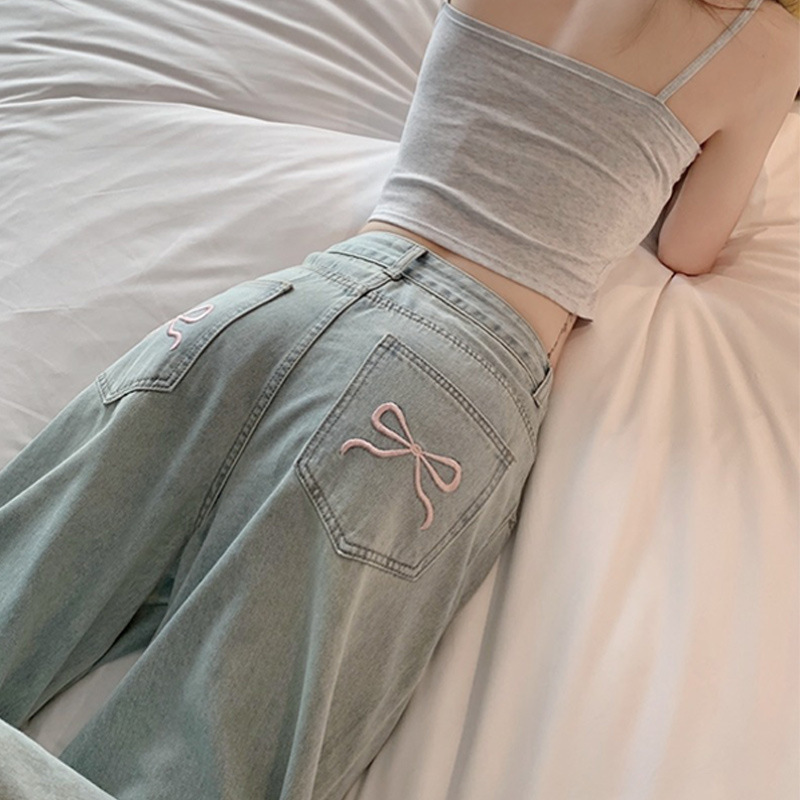 New High-Waisted Women's Jeans for Spring, Thin Design with Back Pocket Bow Embroidery, Loose Wide-Leg Floor-Length Pants