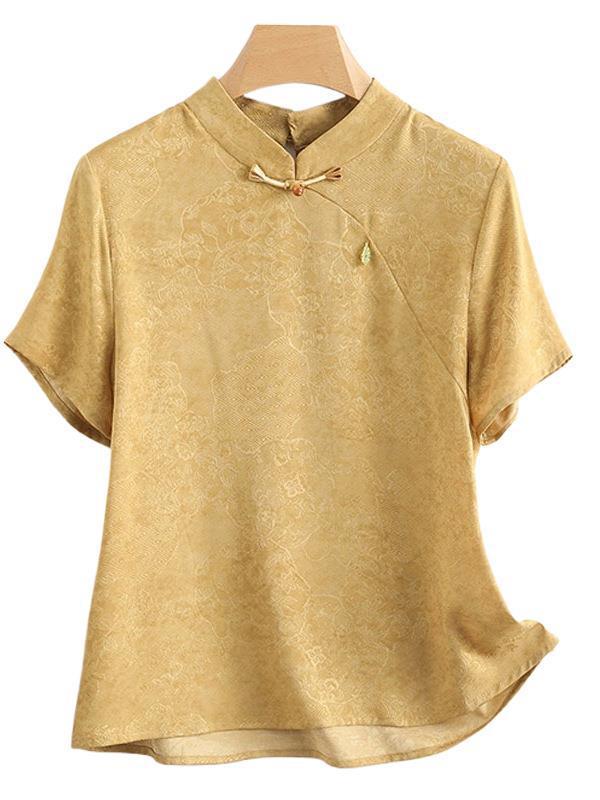 新しい中国風のナショナルスタイルのボタン付きハイエンドジャカード半袖シャツ Tシャツ女性のための 2025 夏の新しいシルクスリムトップ|undefined