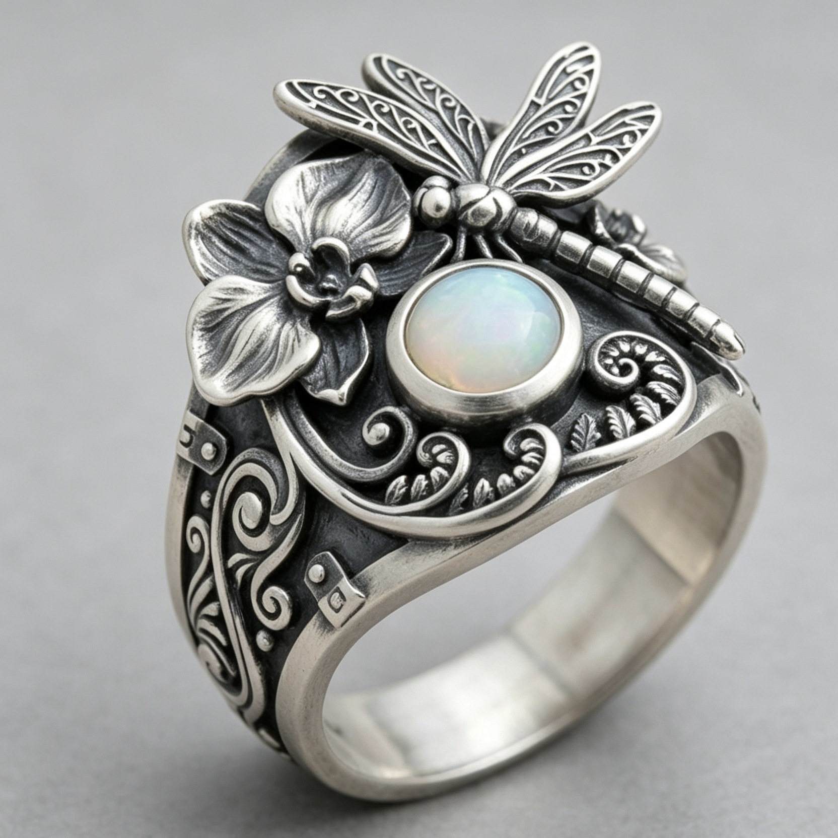 Sanjie's Self-Developed New Alloy Electroplated Retro Dragonfly Ring, Floral Design Women's Jewelry, Direct Sales from the Manufacturer