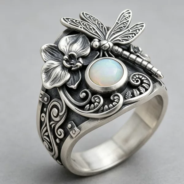 Sanjie's Self-Developed New Alloy Electroplated Retro Dragonfly Ring, Floral Design Women's Jewelry, Direct Sales from the Manufacturer