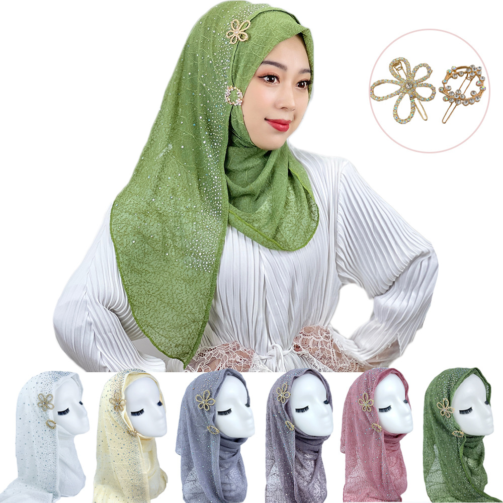 Cross-border grid texture turtleneck scarf solid color with rhinestones for women, headscarf set with accessories for wholesale