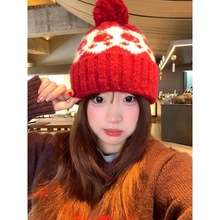 费尔岛风红色樱桃毛球毛线帽女秋冬可爱防寒保暖登山护耳针织帽子