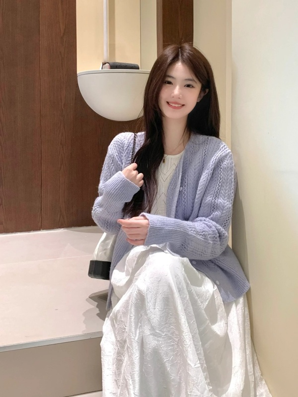紫色镂空毛衣薄款外套女2025早秋温柔风开衫气质马海毛针织衫上衣|undefined