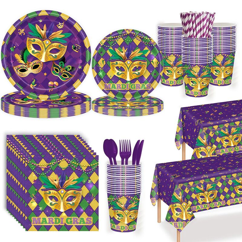 Carnival Mask Dance Party Set Mardi Gras Holiday Decoration Disposable Tablecloth Paper Plate Paper Towel