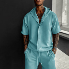 欧美亚马逊新款男士休闲运动套装 春夏季连帽设计衬衫短裤两件套