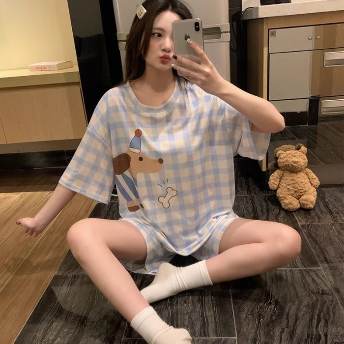 Venta al por mayor transfronteriza con almohadilla para el pecho pijamas de gato KT pantalones cortos de manga corta de verano para mujer, lindo traje de servicio a domicilio coreano, algodón de imitación