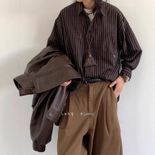 日系复古小众条纹长袖衬衫男生春秋季学院INS男友风宽松衬衣上衣
