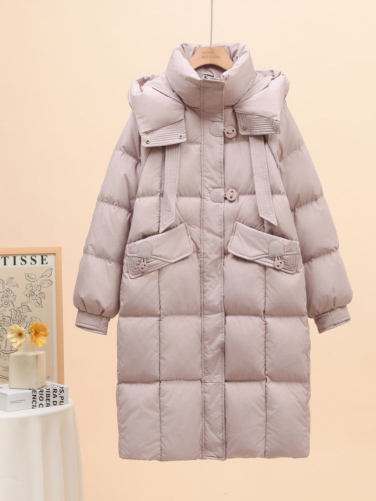 中丈の白いグースダウンジャケット レディース 2025年新作 韓国風 厚手 リボン付き フード付き ゆったり 膝丈 冬用コート