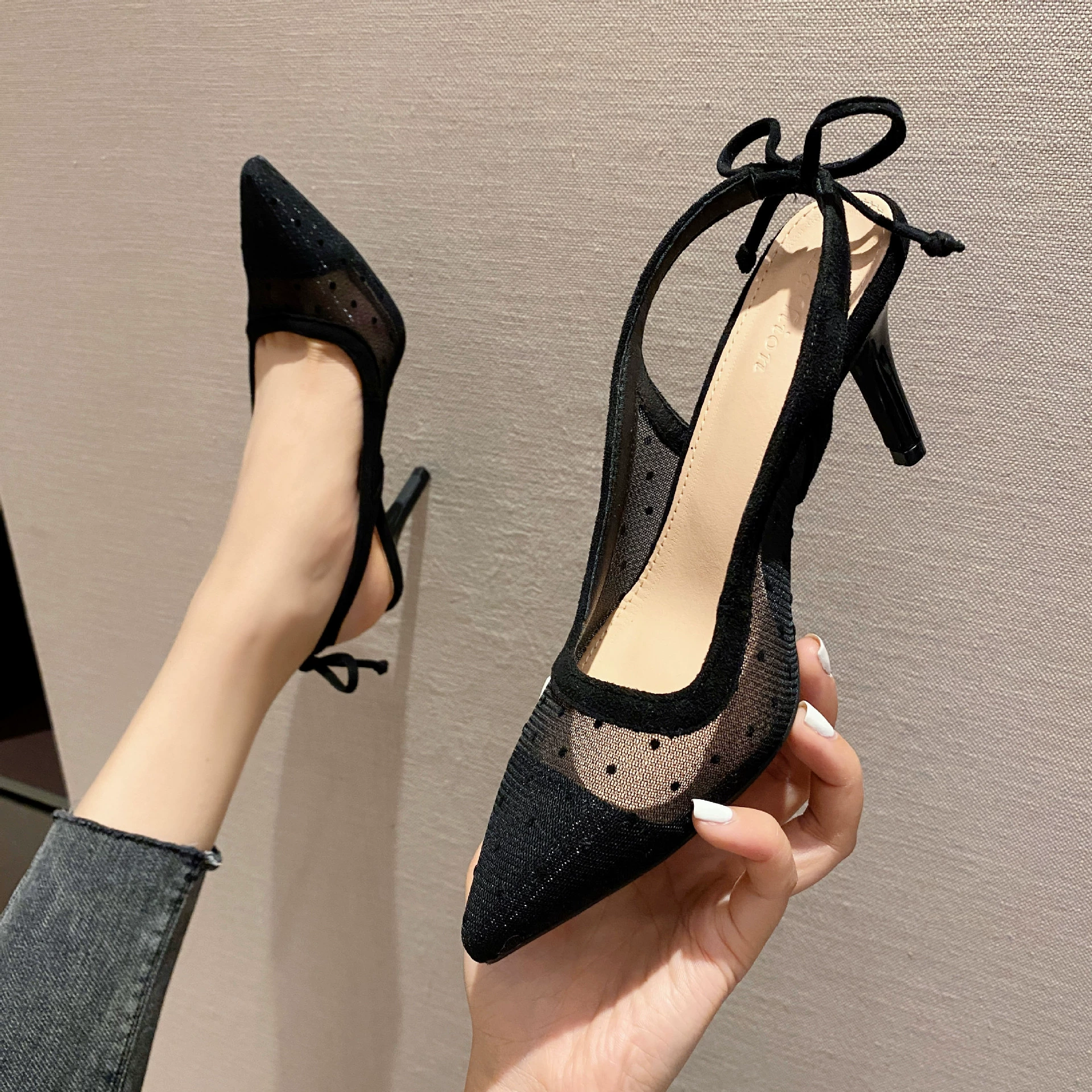 Туфли на высоком каблуке для внешней торговли, туфли-лодочки с сетчатым верхом, с открытой пяткой, женские сандалии с закрытым носком, туфли на шпильке, римские туфли, европейский и американский стиль.