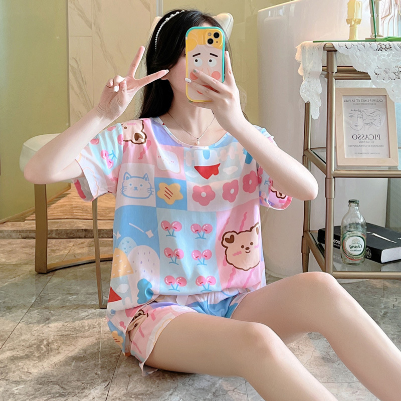 Cotton Silk Pajamas Women's Summer Short-sleeved Thin Printed Internet Celebrator suit Summer Outwear Artificial Cotton Silk Home Clothes
