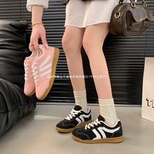 百搭单鞋2025质感新款质感小众潮气设计黑色粉色车缝线阿甘鞋圆头