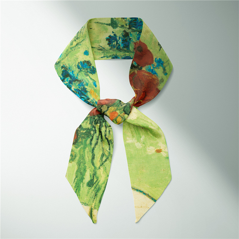 Verano larga pequeña bufanda de seda femenina Van Gogh campo de trigo cielo estrellado pintura al óleo delgada estrecha larga pequeña bufanda de seda corbata de pelo decoración femenina