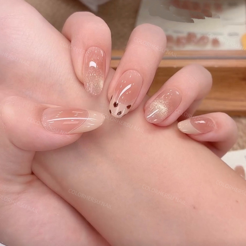 Cai She - [Leopard Print Milk Coffee] French Cat Eye Wearable Nails Nude Color Gentle Style Handmade Finished Wearable Nail Tips