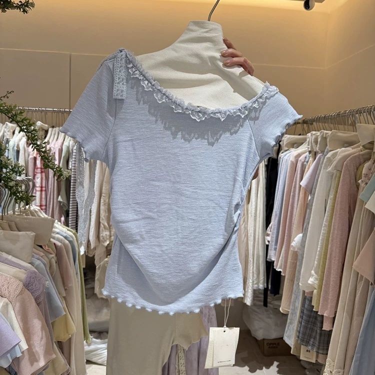 Pure Desire レースオフショルダー半袖 Tシャツレディース夏蝶ネクタイニット韓国風ピンチウエストトップ|undefined
