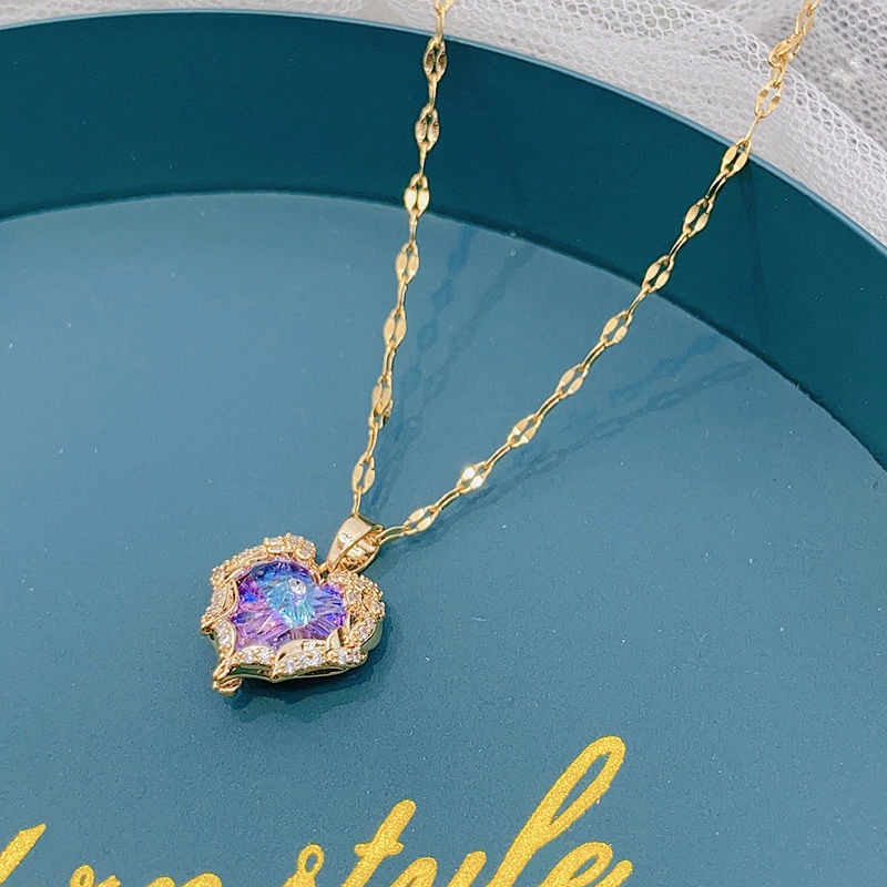 Pendant Necklace Classification 201 Stainless Steel Chain Material Titanium Steel Lady Inlay Heart Shape Artificial Gemstones Pendant Necklace