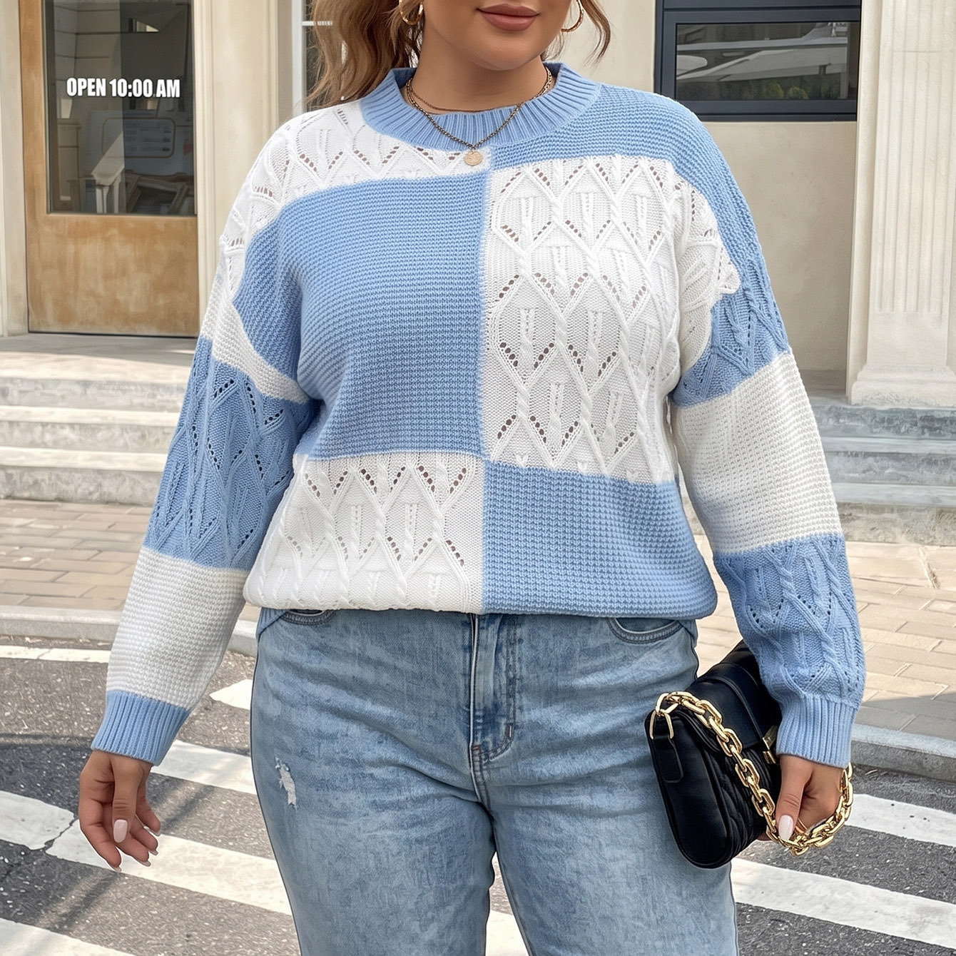 Cross-border plus-size women's clothing, new autumn and winter styles, supply source: European and American women's tops, color-blocked plaid sweater pullover
