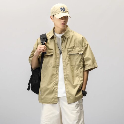 Japanese-style workwear short-sleeve shirt for men, cool and stylish olive green streetwear brand explosion street fashion mid-sleeve half-sleeve top shirt