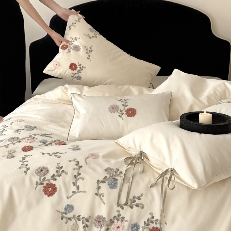 Spring and Summer New Arrivals: Simple High-Density Towel Embroidery Pure Cotton Long-Staple Cotton Four-Piece Bedding Set, 100-Thread Count