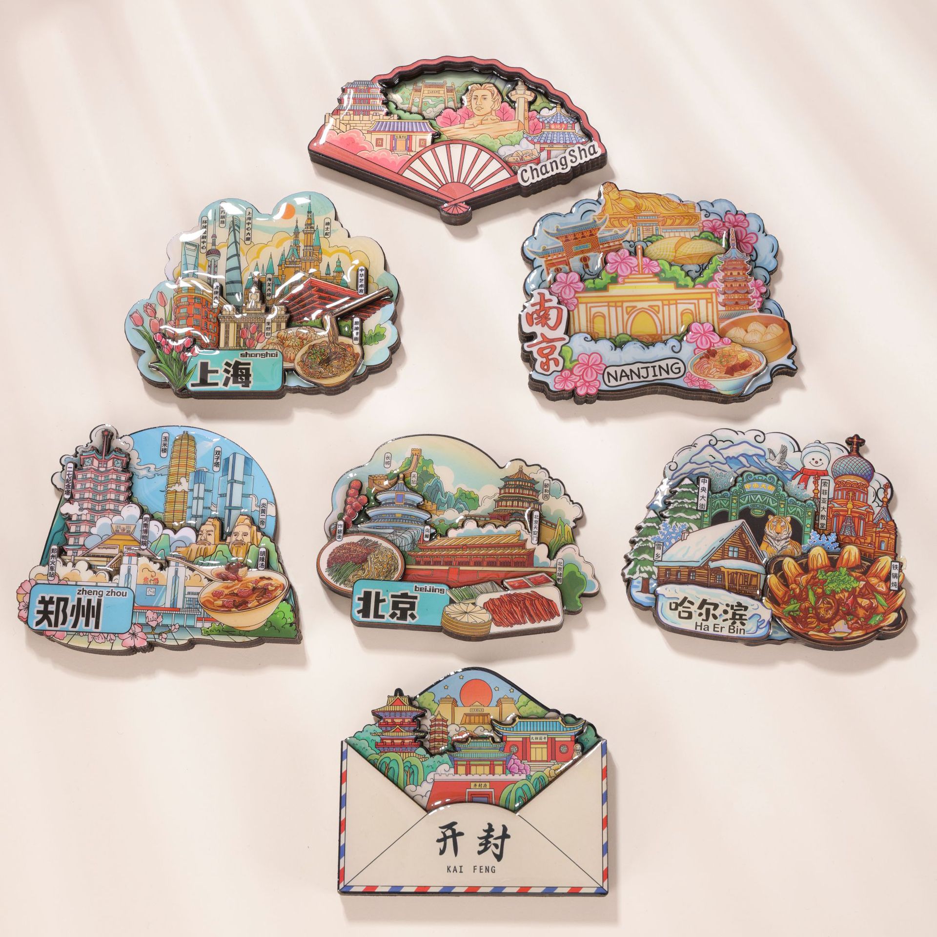 Wooden refrigerator magnets featuring popular city landmarks, custom designs, and distinctive tourist souvenirs from Beijing, Hangzhou, and Chengdu