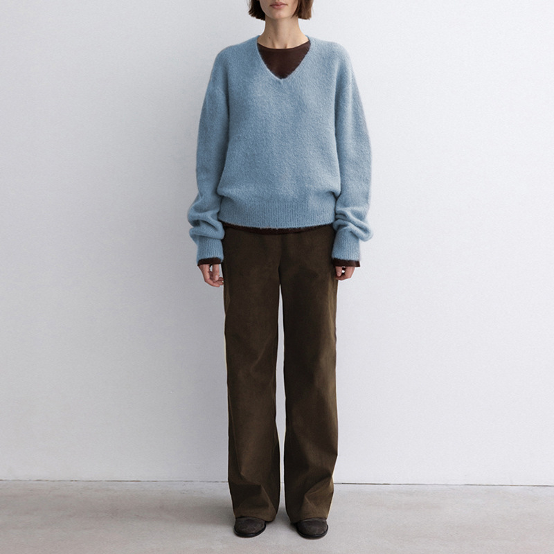 프랑스 스타일 우아한 풀오버 스웨터 여성의 V 넥 기모 따뜻한 토끼 모피 탑 봄과 가을 새로운 느슨한 단색 스웨터