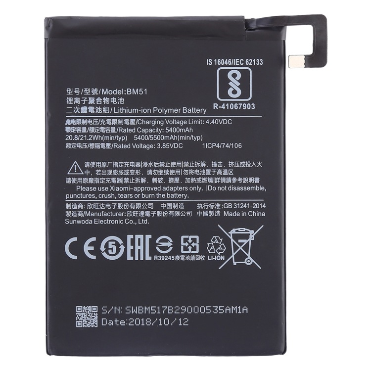 Para Xiaomi Mi Max 3 5400mAh Batería de polímero de iones de litio BM51