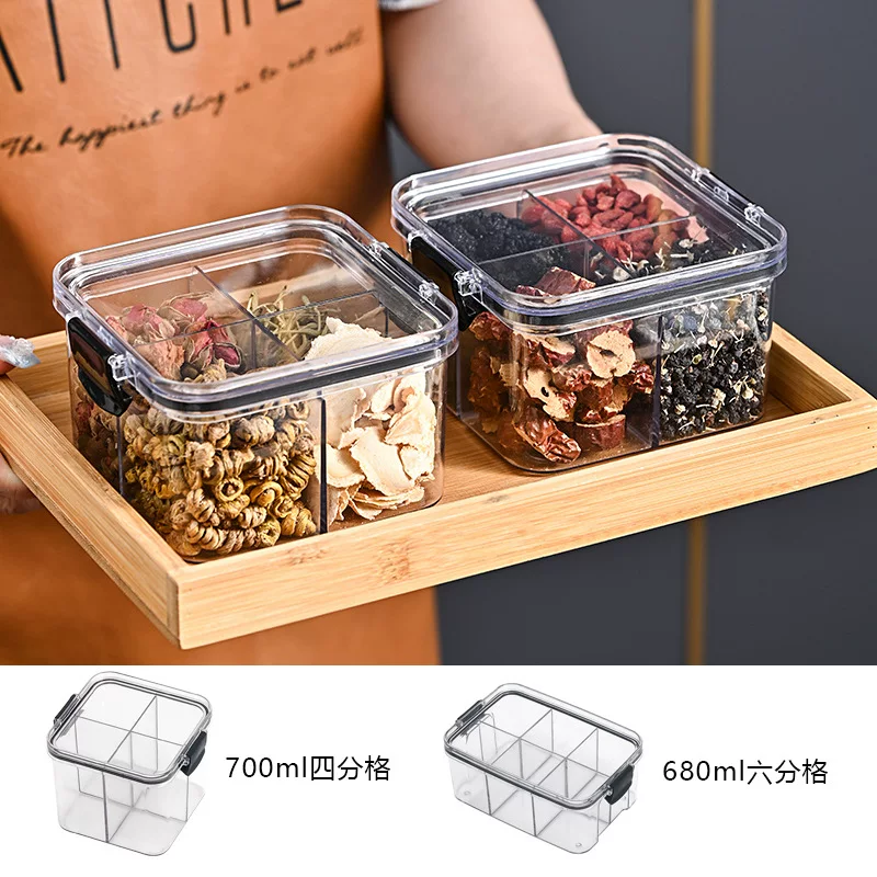 Plastic storage box, divided compartments, 700 ml or 680 ml options, clear snap‑lock lid