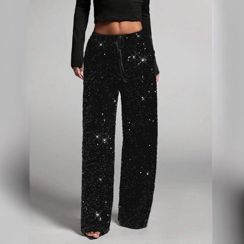 European and American Cross-Border Sequin Fashion Drawstring Slimming New Pants Elastic Straight-Leg Pants Foreign Trade Women's Clothing Lfy0294 European and American Cross-Border Sequin Fashion Drawstring Slimming New Pants Elastic Straight-Leg Pants Foreign Trade Women's Clothing Lfy0294