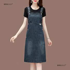 气质牛仔大码背带裙夏新款兔子耳朵超显瘦妈妈款连衣裙女