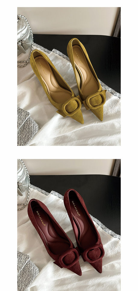 Giày cao gót mũi nhọn gót vuông da lộn, nơ 3D khóa vuông, gót 6–8 cm — Màu kaki, Màu đỏ rượu, Xanh lá cây, màu đen chi tiết 12