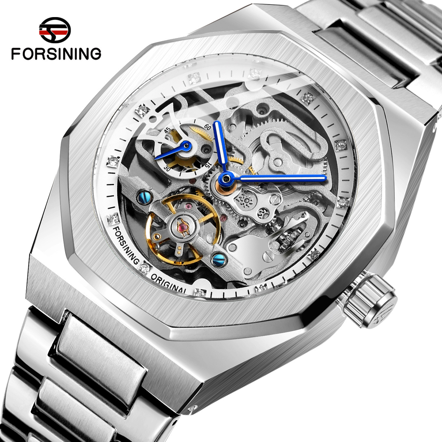 Forsining/fusini hombres casual reloj hueco volante automático reloj mecánico rhinestone hombres